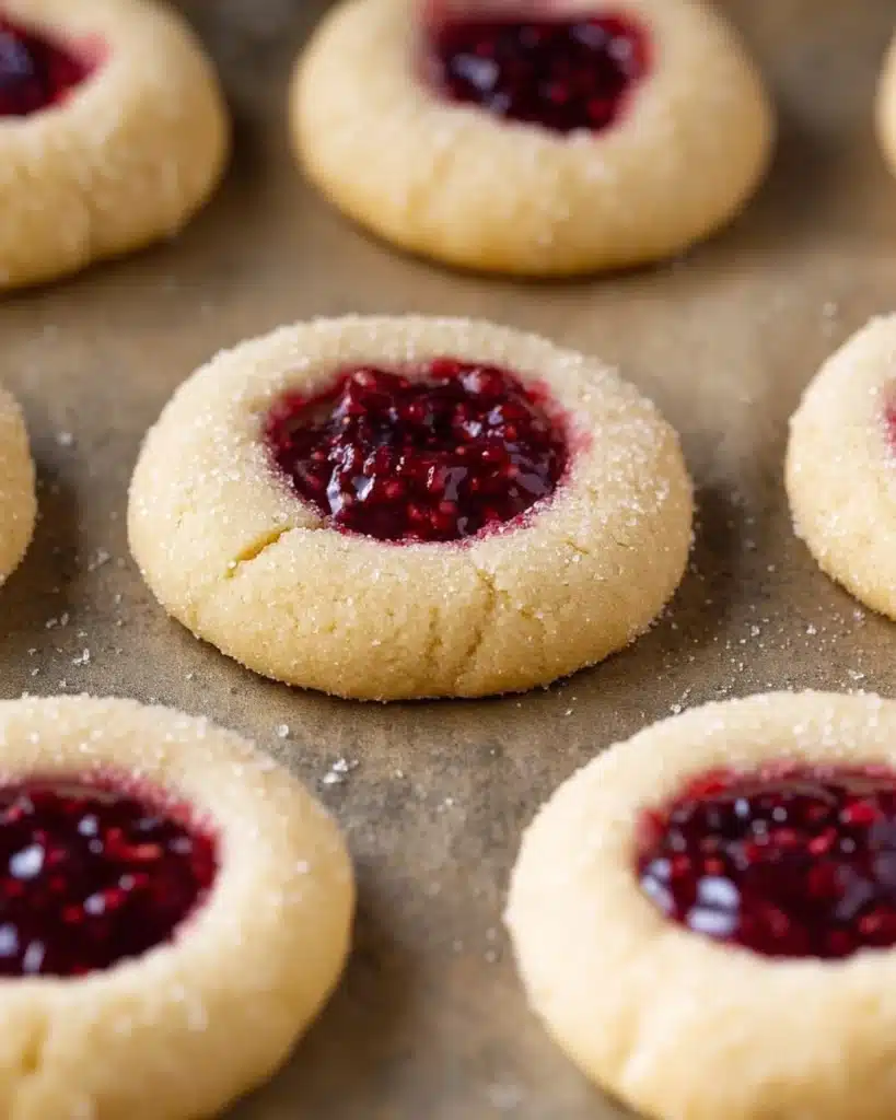 Classic Thumbprint Cookies (Christmas Recipe) 4 Freshly baked classic thumbprint cookies with raspberry jam centers