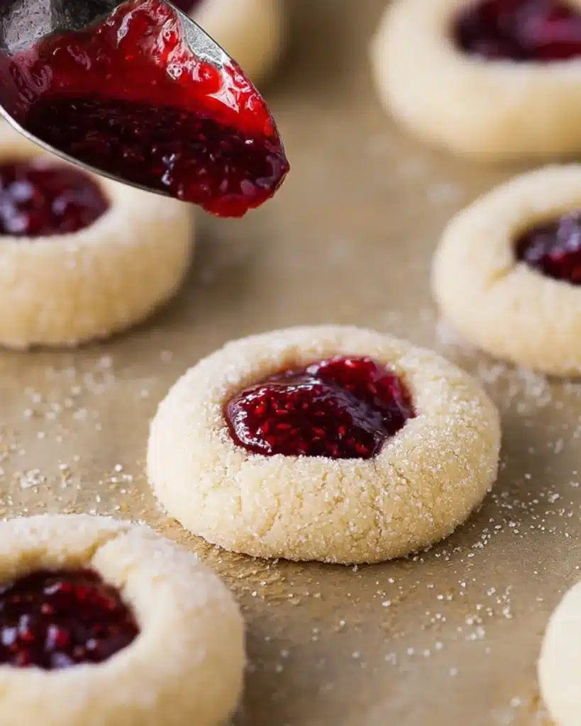Classic Thumbprint Cookies (Christmas Recipe) 3 Filling classic thumbprint cookies with raspberry jam before baking