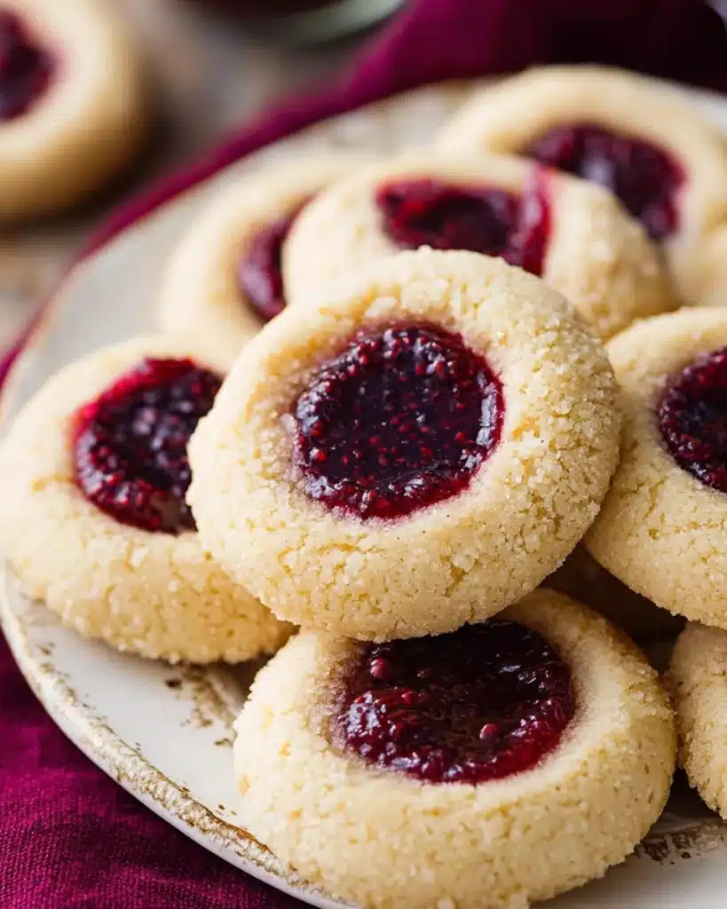 Classic Thumbprint Cookies (Christmas Recipe) 1 Classic thumbprint cookies with raspberry jam on a white plate
