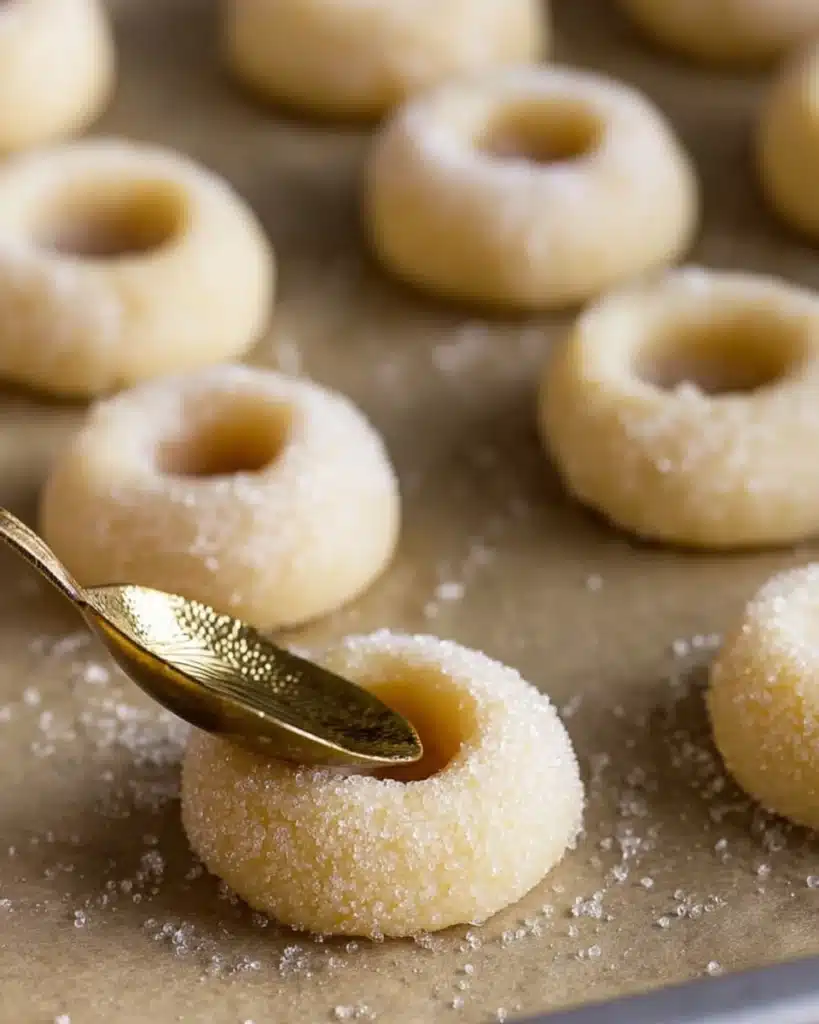Classic Thumbprint Cookies (Christmas Recipe) 2 Making indents in classic thumbprint cookie dough with a spoon