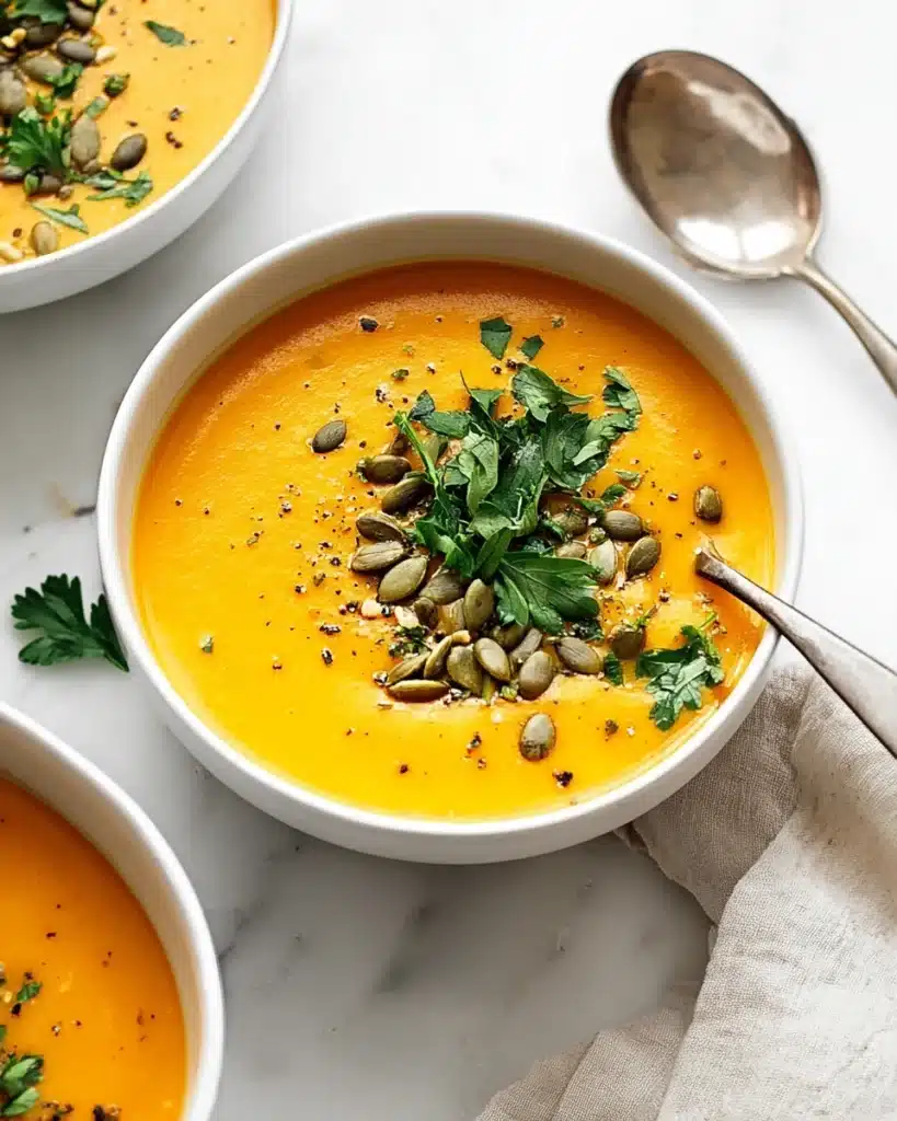 Bowl of creamy roasted butternut squash soup with parsley and pumpkin seeds