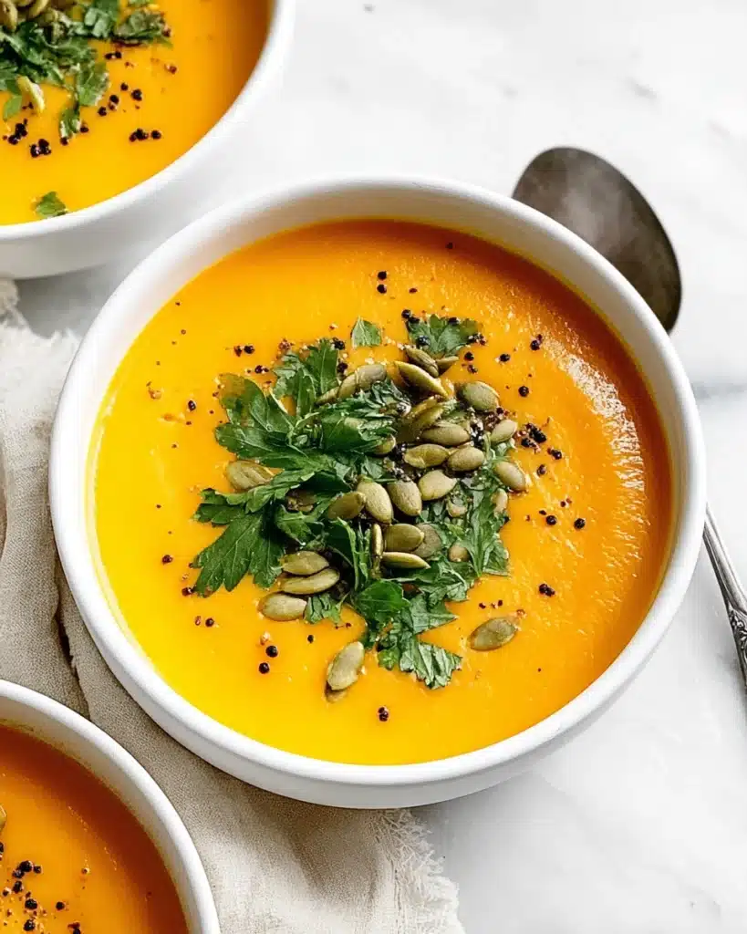 Bowl of roasted butternut squash soup with parsley and pumpkin seeds