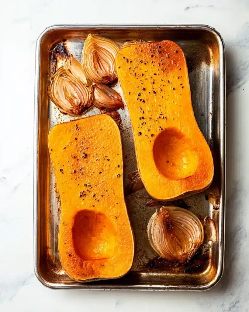 Roasted butternut squash and onions on a baking sheet