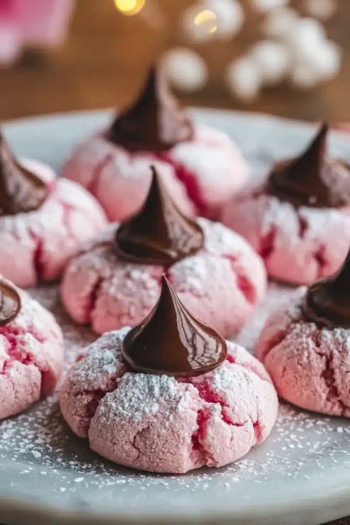Strawberry Kiss Cookies Recipe (Perfect Valentine’s Day Treat) 1 Pink strawberry kiss cookies topped with chocolate kisses and dusted with powdered sugar