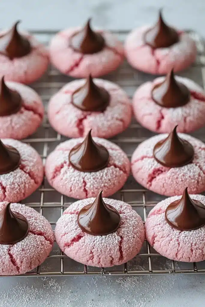 Strawberry Kiss Cookies Recipe (Perfect Valentine’s Day Treat) 4 Fresh strawberry kiss cookies cooling on wire rack with chocolate centers