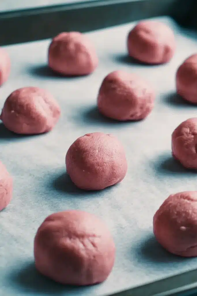 Strawberry Kiss Cookies Recipe (Perfect Valentine’s Day Treat) 3 Pink strawberry cookie dough balls on parchment-lined baking sheet