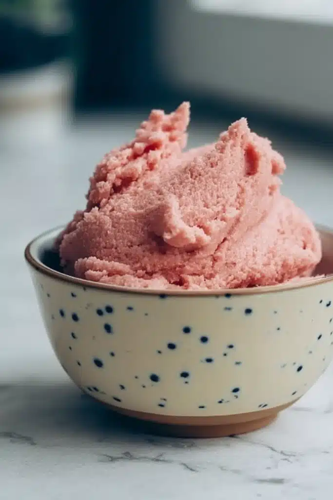 Strawberry Kiss Cookies Recipe (Perfect Valentine’s Day Treat) 2 Pink strawberry cookie dough in speckled ceramic bowl on marble surface
