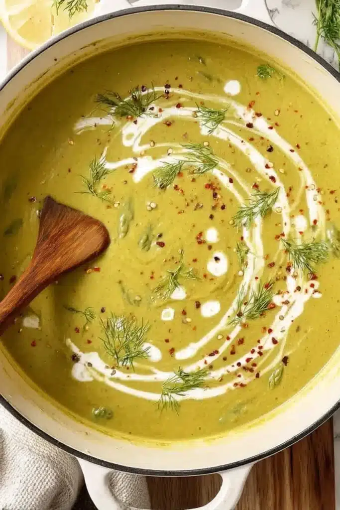 Asparagus Soup (Creamy, Healthy, and Easy to Make) 4 Creamy asparagus soup in pot with dill and cream swirl
