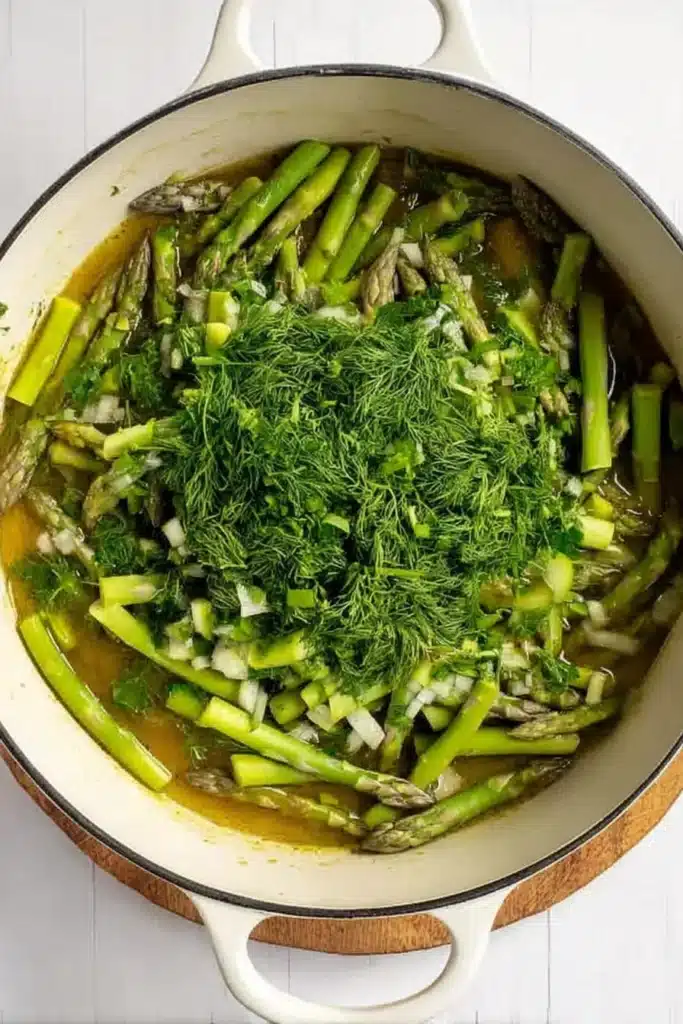 Asparagus Soup (Creamy, Healthy, and Easy to Make) 3 Fresh asparagus and dill simmering in broth for asparagus soup