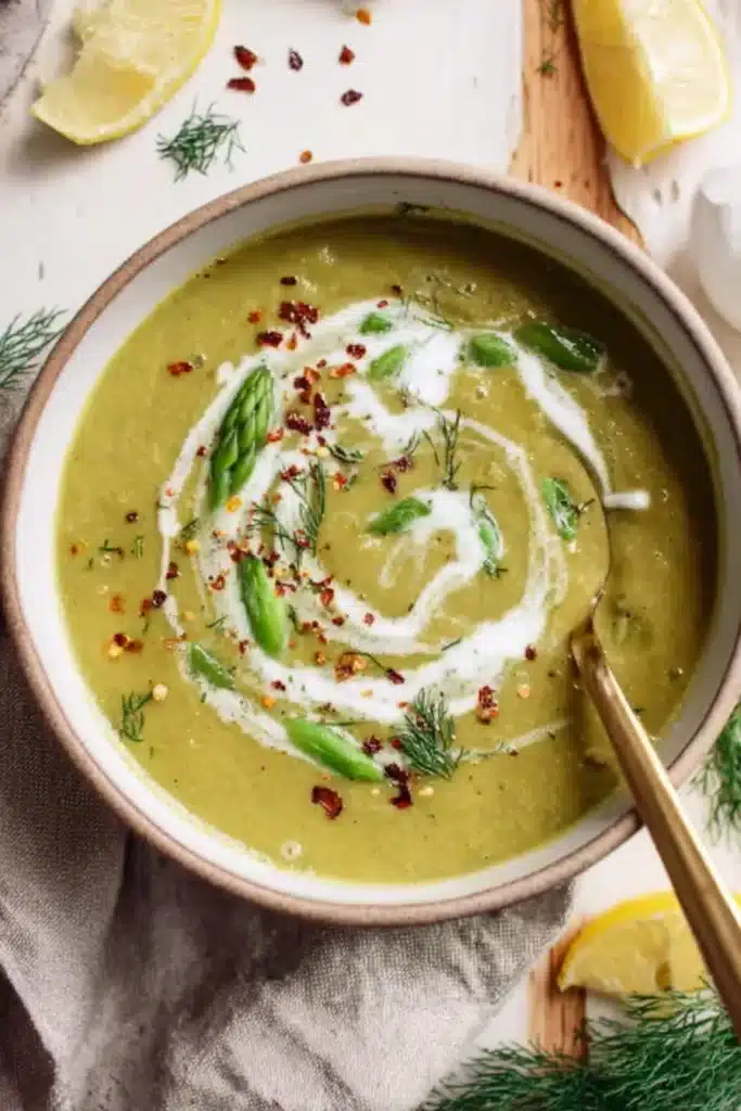 Asparagus Soup (Creamy, Healthy, and Easy to Make) 1 Creamy asparagus soup with dill and cream swirl in a white bowl