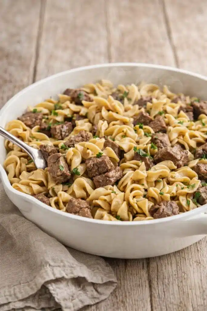 Beef tips and egg noodles in white skillet with parsley garnish