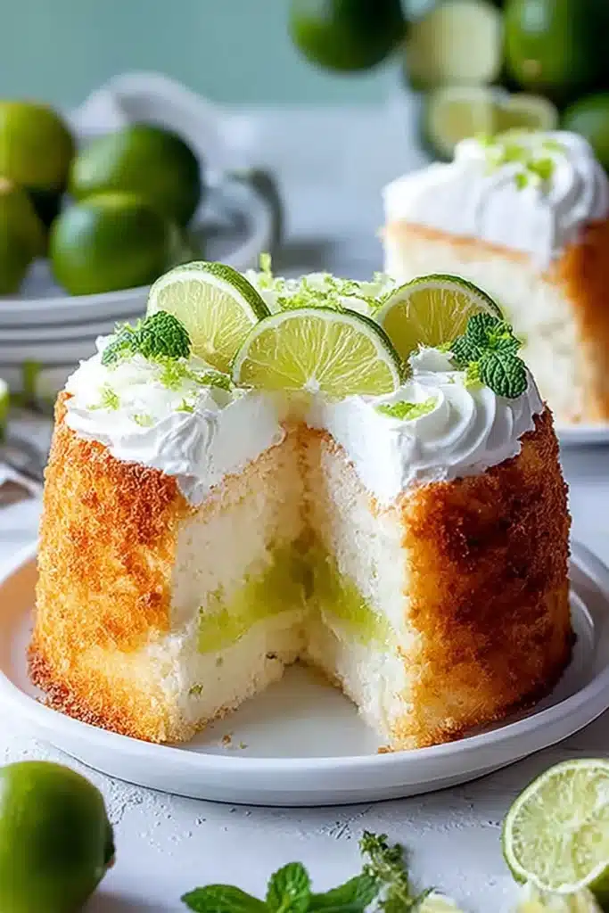 Best Key Lime Angel Food Cake 1 Best Key Lime Angel Food Cake with whipped cream frosting and lime slices on a white plate