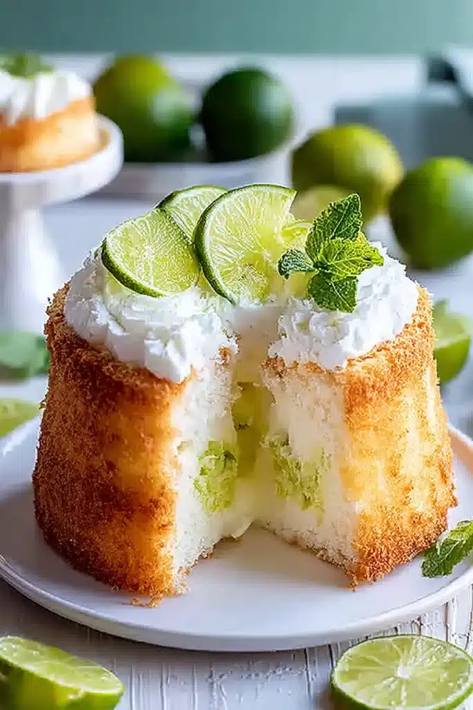 Best Key Lime Angel Food Cake 2 Key lime angel food cake with whipped cream, lime slices, and mint garnish on a white plate