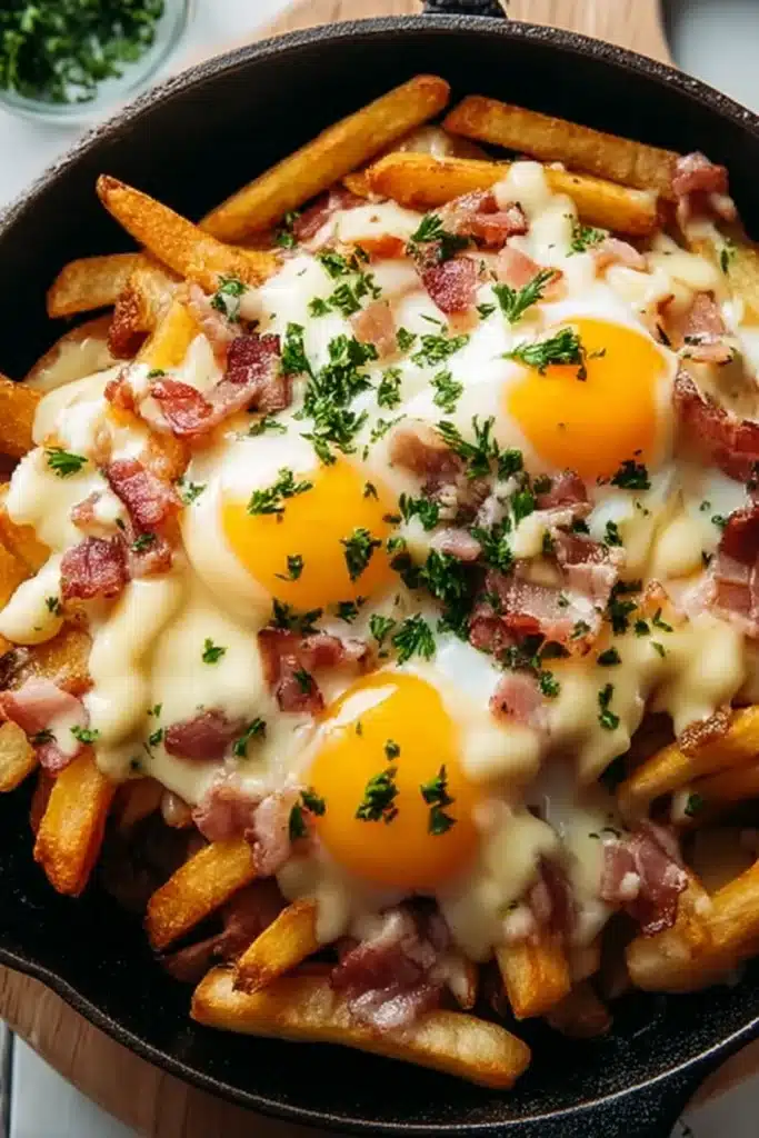 Breakfast poutine with hollandaise sauce, crispy fries, eggs, and bacon in skillet
