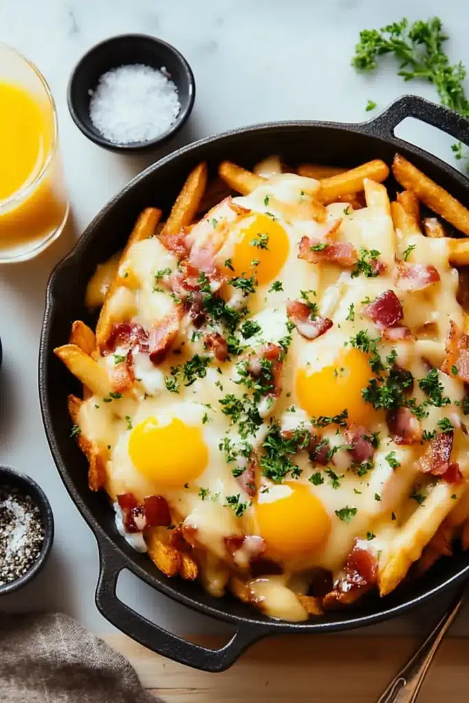 Breakfast poutine with hollandaise sauce, bacon, eggs, and fries in a cast-iron skillet