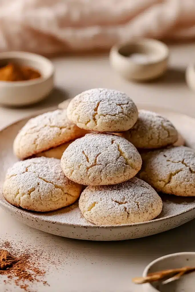 Cinnamon Cream Cheese Cookies 1 Soft cinnamon cream cheese cookies dusted with powdered sugar on a beige plate