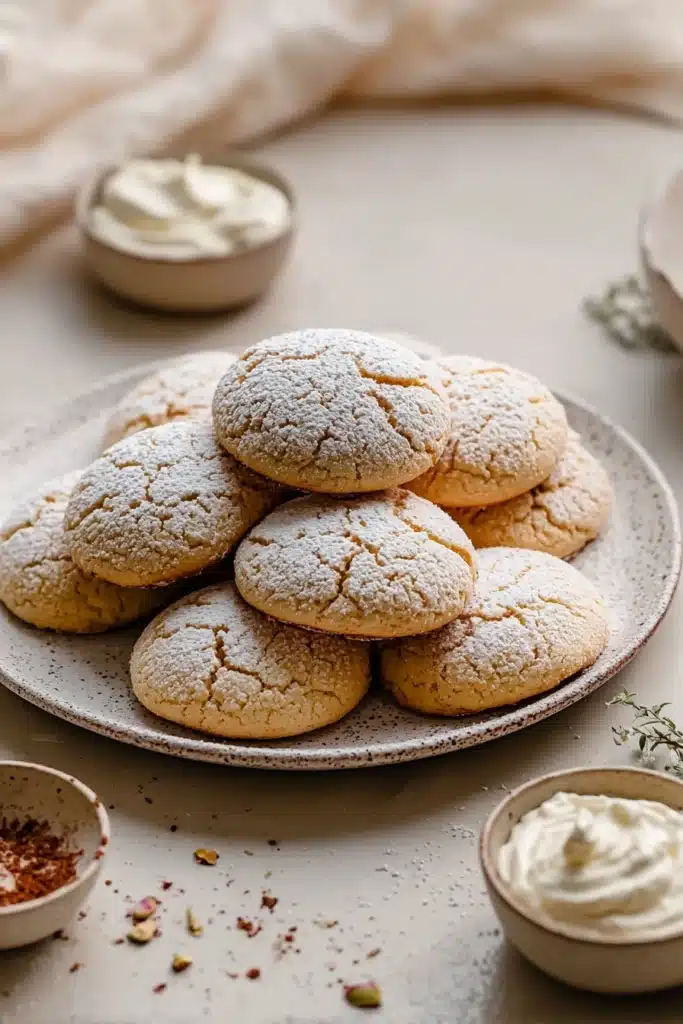 Cinnamon Cream Cheese Cookies 2 Soft cinnamon cream cheese cookies dusted with powdered sugar on a beige plate