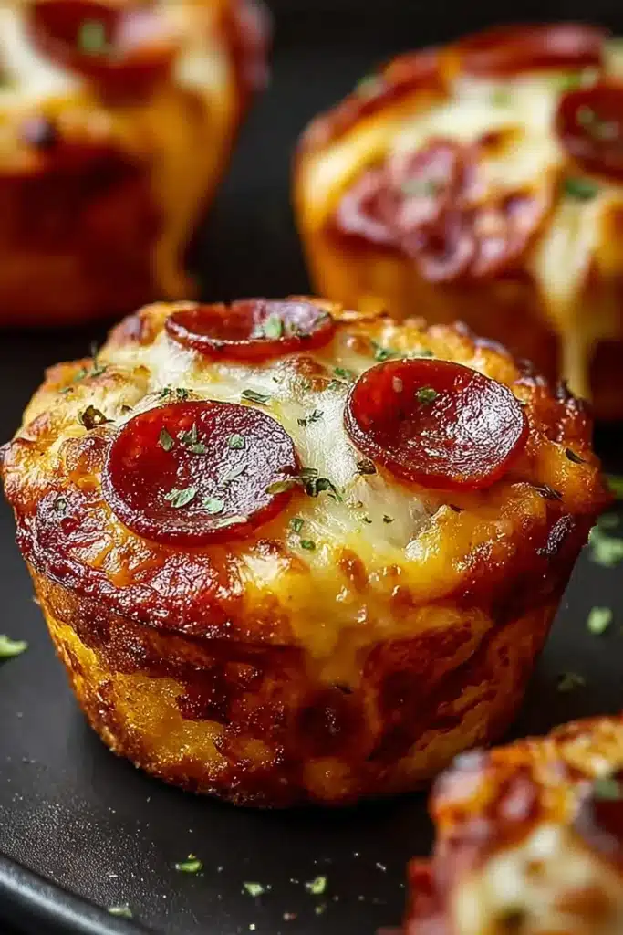 Carnivore Pizza Muffins: Easy High-Protein Keto Lunch Recipe 2 Close-up of carnivore pizza muffin with melted cheese and crispy pepperoni