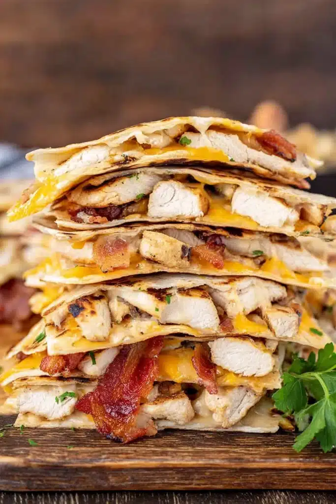 Stack of chicken bacon ranch quesadillas with melted cheese and crispy bacon