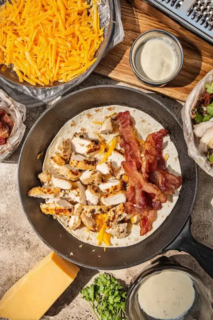 Tortilla in skillet filled with chicken, bacon, cheddar, and ranch sauce