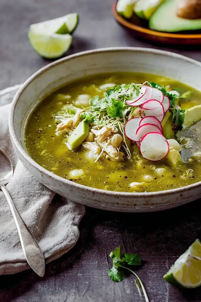 Chicken Pozole Verde 1 Bowl of Chicken Pozole Verde with avocado, radish, and cilantro