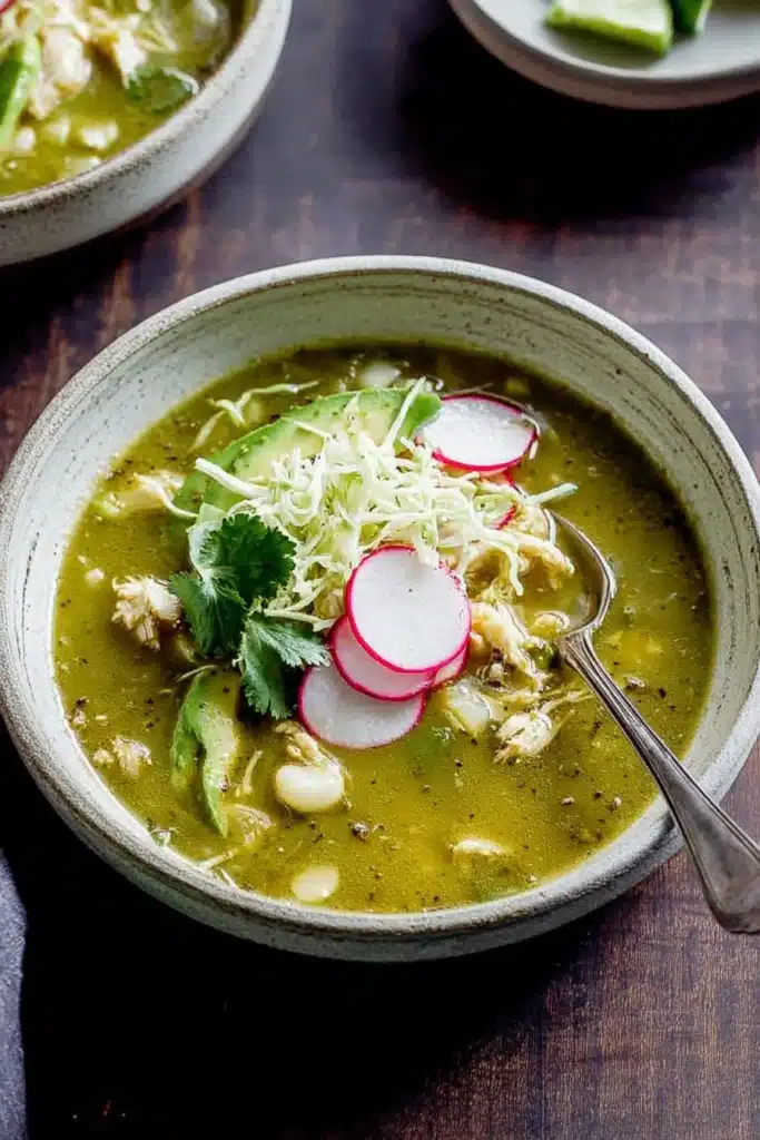 Chicken Pozole Verde 5 Bowl of Chicken Pozole Verde with avocado, radish, and cabbage toppings