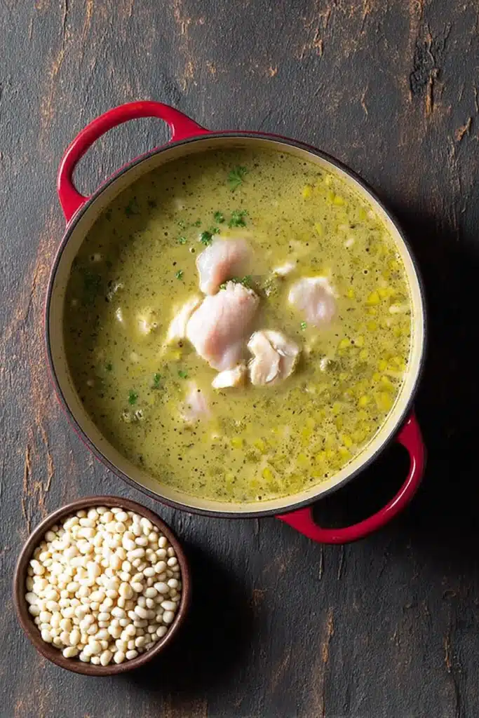 Chicken Pozole Verde 4 Chicken simmering in tomatillo broth for Chicken Pozole Verde