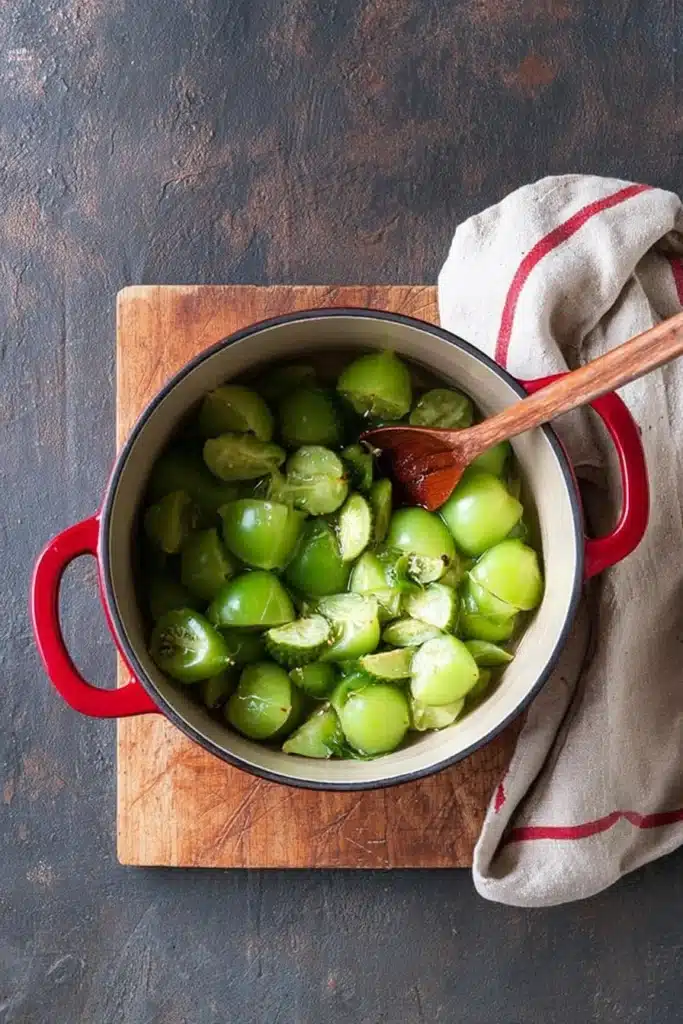 Chicken Pozole Verde 2 Fresh green tomatillos in a red pot for chicken pozole verde
