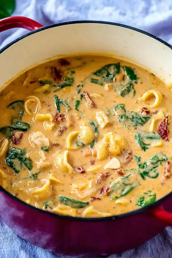 Creamy Chicken Soup Recipe: Quick, Comforting, and Flavor-Packed 4 Creamy chicken soup with pasta, spinach, and sundried tomatoes in a red pot