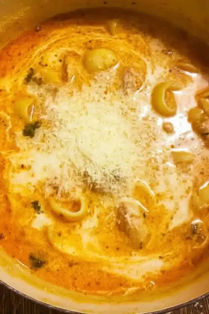 Creamy Chicken Soup Recipe: Quick, Comforting, and Flavor-Packed 3 Creamy chicken soup simmering with pasta, cream, and Parmesan cheese