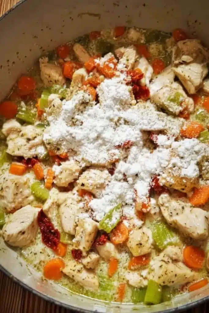 Creamy Chicken Soup Recipe: Quick, Comforting, and Flavor-Packed 2 Chicken, celery, carrots, and sundried tomatoes cooking for creamy chicken soup recipe