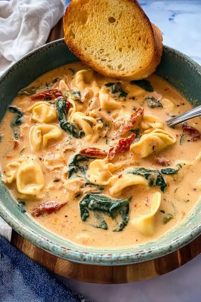 Creamy Chicken Soup Recipe: Quick, Comforting, and Flavor-Packed 1 Creamy chicken tortellini soup with spinach, sundried tomatoes, and toasted bread in a rustic bowl