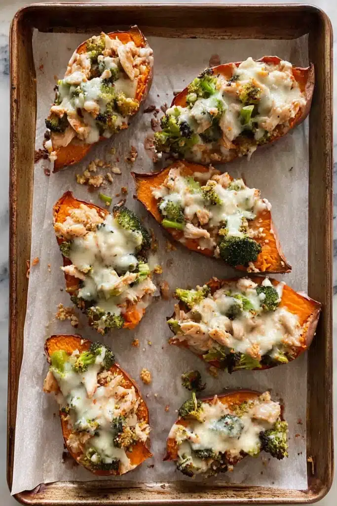 Chicken and Broccoli Stuffed Sweet Potatoes (Easy, Healthy Chicken Dinner Recipe) 3 Baking sheet of chicken and broccoli stuffed sweet potatoes with melted cheese