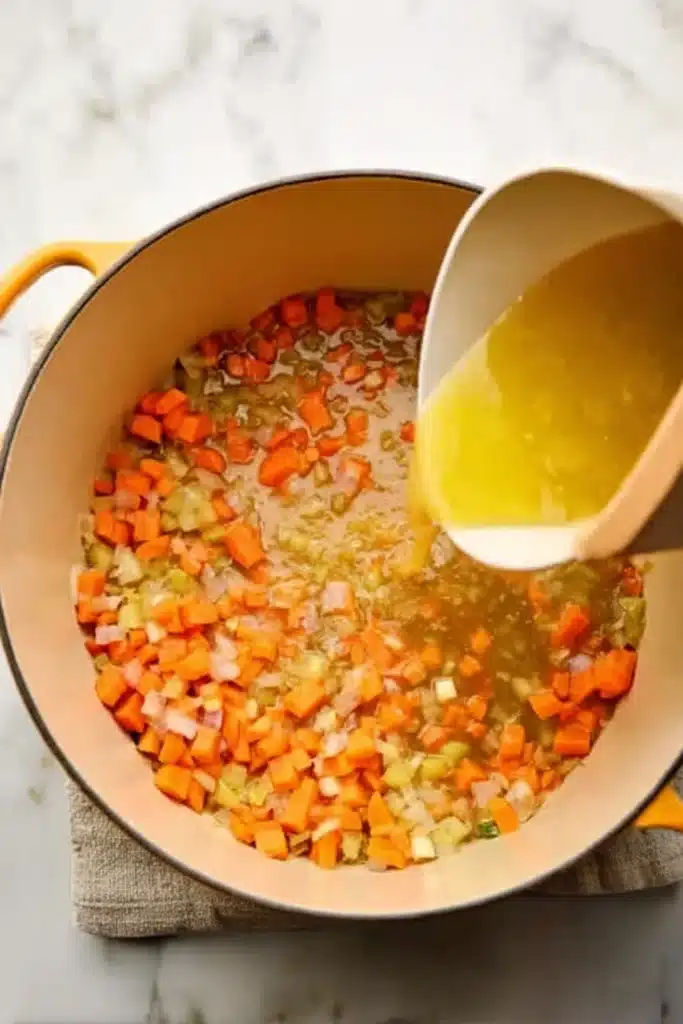 Sautéing carrots, celery, and onions for creamy chicken and rice soup
