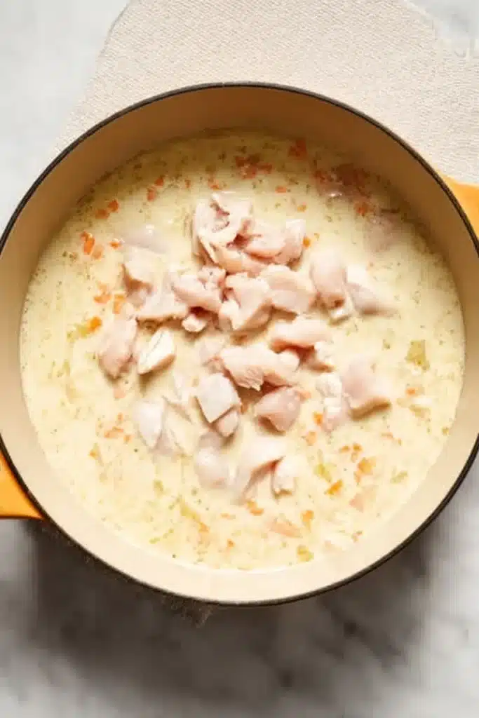Raw chicken added to creamy soup base in Dutch oven