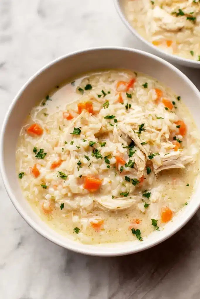 Creamy chicken and rice soup in a white bowl with carrots and parsley