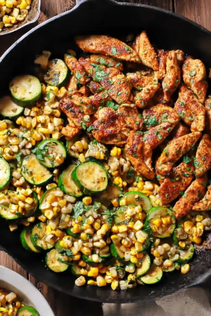 Chicken with Zucchini and Corn: A Flavor-Packed One-Pan Dinner 4 Chicken with zucchini and corn in a cast iron skillet topped with herbs