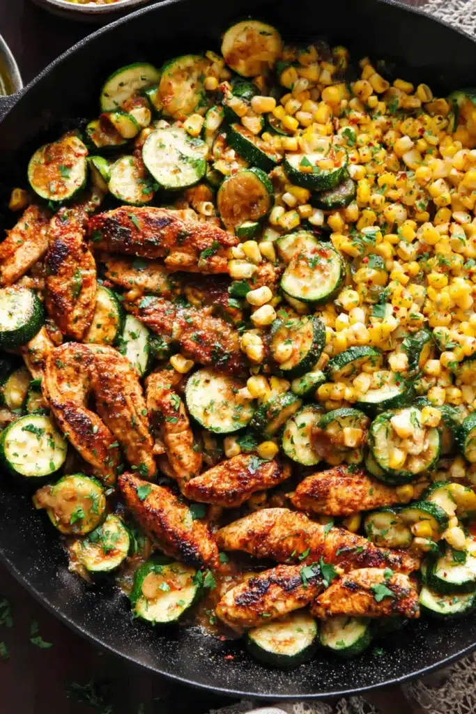 Chicken with Zucchini and Corn: A Flavor-Packed One-Pan Dinner 1 One-pan chicken with zucchini and corn in a cast iron skillet