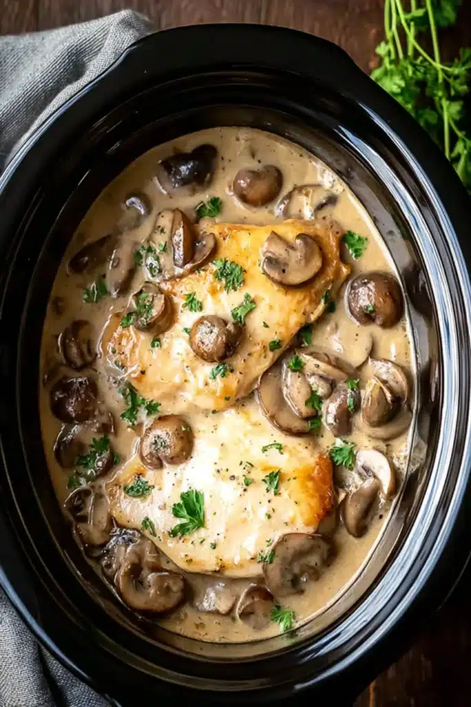 Simple Crockpot Chicken Marsala 1 Slow cooker chicken marsala with mushrooms in creamy sauce topped with parsley