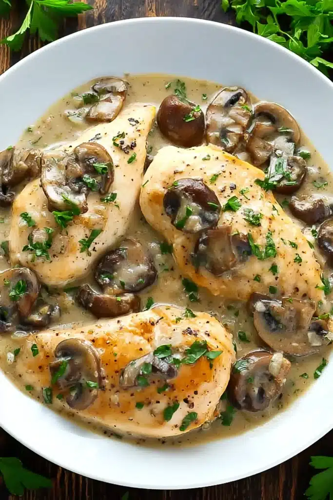 Simple Crockpot Chicken Marsala 2 Creamy crockpot chicken marsala served on a white plate with mushrooms and parsley
