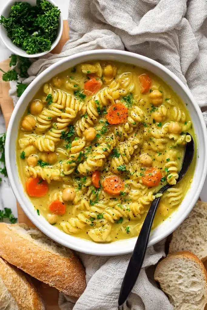 Creamy Chickpea Noodle Soup (Vegan, Cozy, and Ready in 30 Minutes) 1 Creamy chickpea noodle soup with rotini pasta and carrots in a white bowl