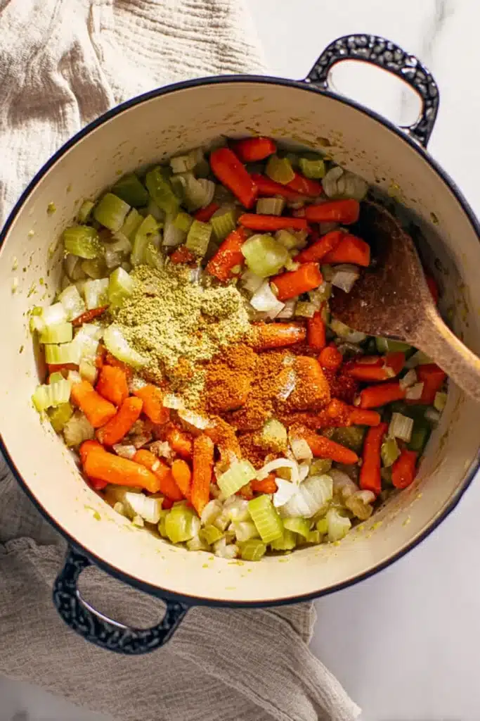 Creamy Chickpea Noodle Soup (Vegan, Cozy, and Ready in 30 Minutes) 2 Sautéed carrots, celery, and onions with spices for chickpea noodle soup
