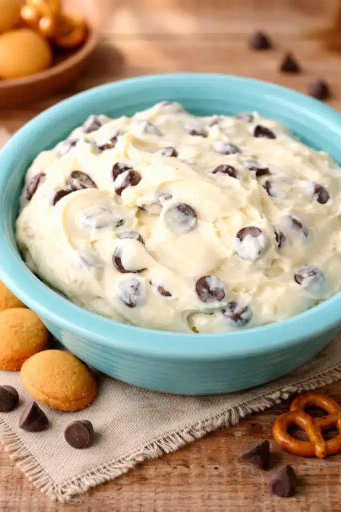 Chocolate Chip Dip Recipe – No-Bake Cheesecake-Style Dessert 1 Creamy chocolate chip dip in turquoise bowl with rich texture