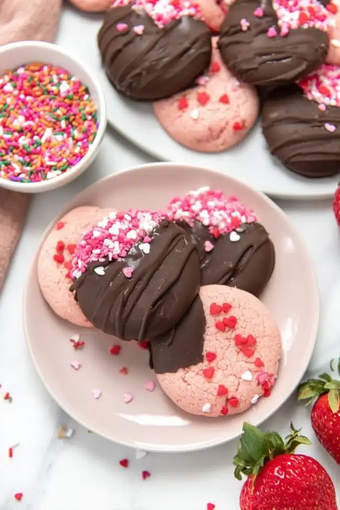 Chocolate Covered Strawberry Cookies (Easy Valentine’s Day Recipe) 1 Chocolate covered strawberry cookies with heart sprinkles on a marble surface