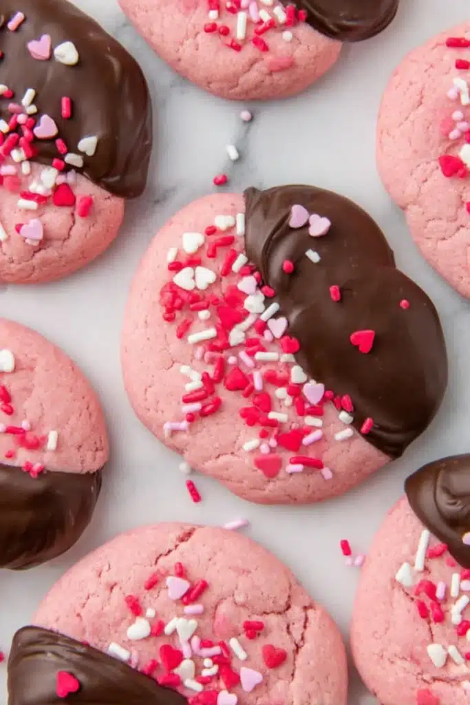 Chocolate Covered Strawberry Cookies (Easy Valentine’s Day Recipe) 2 Chocolate covered strawberry cookies with heart sprinkles on a marble surface
