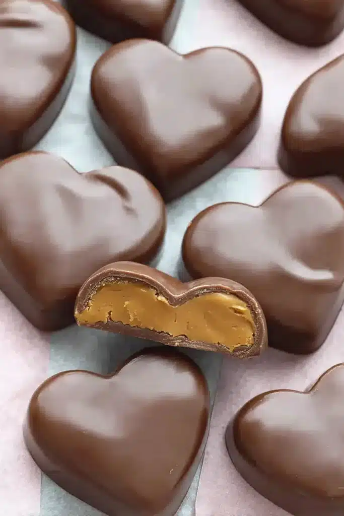Chocolate Peanut Butter Valentine’s Hearts 3 Glossy heart-shaped chocolate peanut butter candies on parchment