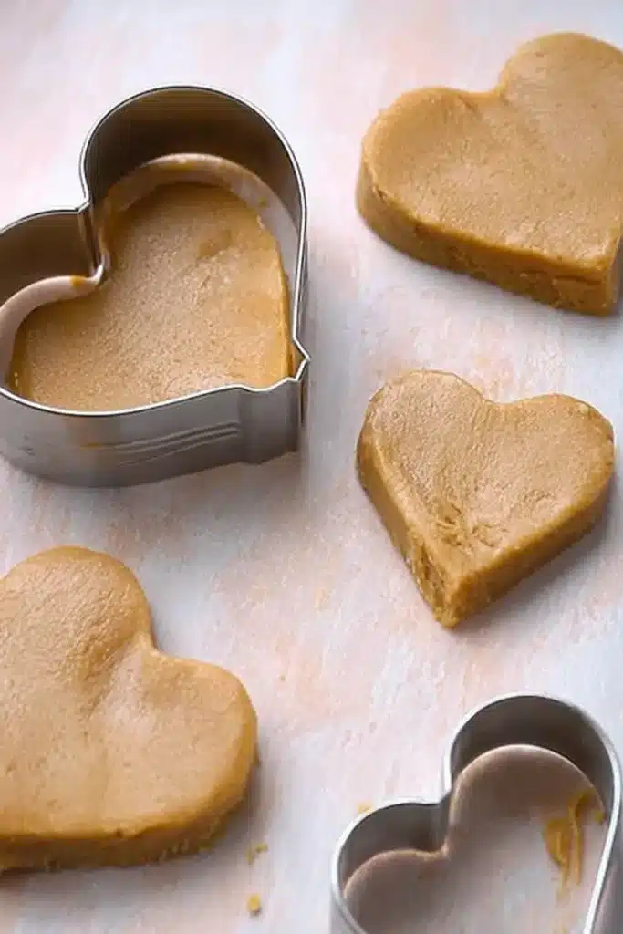 Chocolate Peanut Butter Valentine’s Hearts 2 Heart-shaped peanut butter dough cut with metal cookie cutter