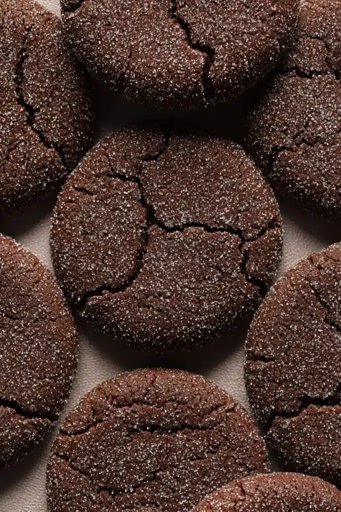 Crackly chocolate sugar cookies with sugar coating