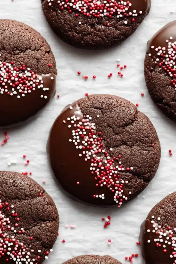 Chocolate sugar cookies dipped in dark chocolate with red and white sprinkles
