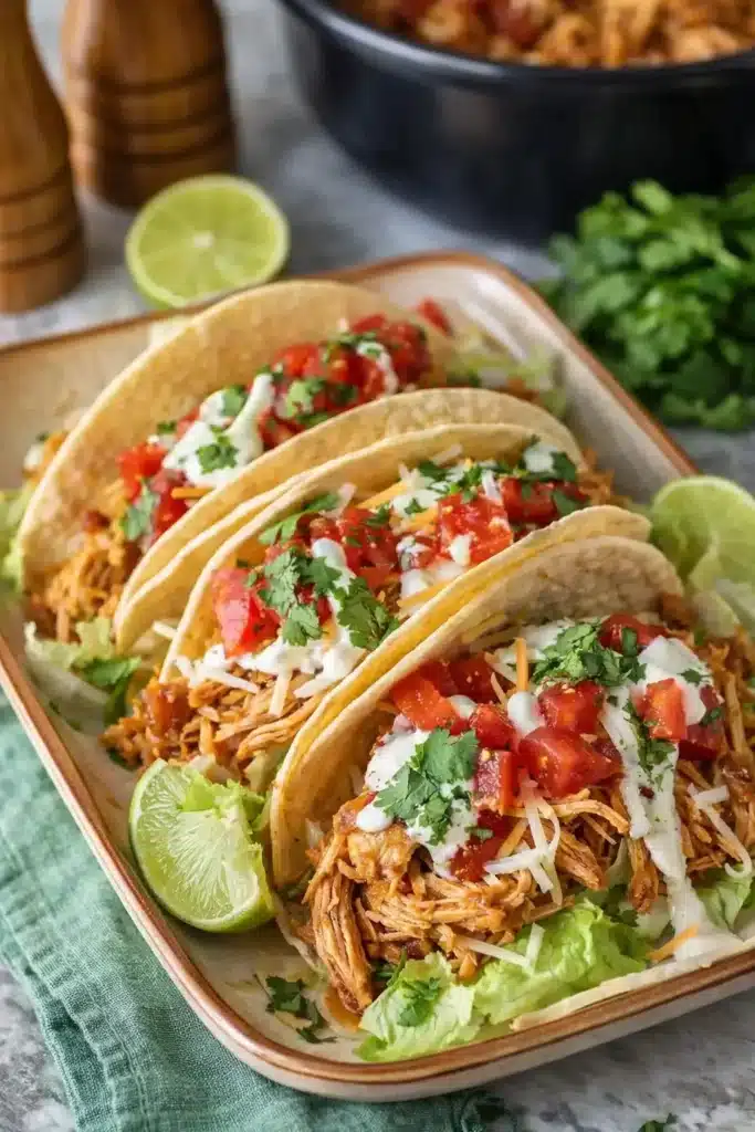 Classic Crockpot Chicken Tacos 1 Classic crockpot chicken tacos with shredded chicken, cheese, lettuce, and creamy sauce